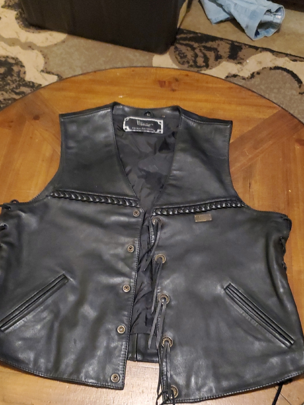 Harley-Davidson Black Leather Lace-Up Biker Vest with Braided Trim